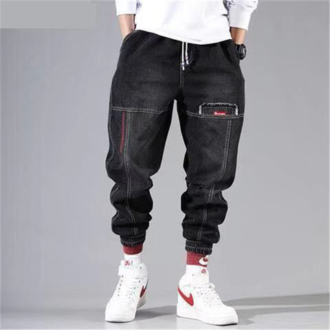 Men's elastic loose fit jeans new black denim overalls men's sports beam feet harem pants trend men's feet pants high elasticity ► Photo 1/6