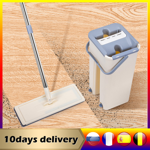 Floor Cleaning Flat Squeeze Mop and Bucket Hand Free Wringing Microfiber  Mop Pad