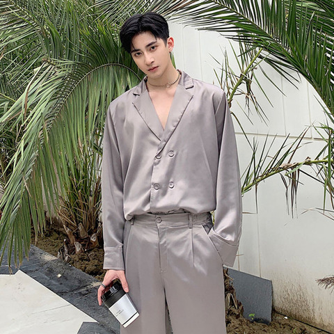 Men 2PCS Sets (shirt+pants) Male Vintage Fashion Long Sleeve Loose Casual Shirt Style Suit Jacket Streetwear Wide Leg Trousers ► Photo 1/6