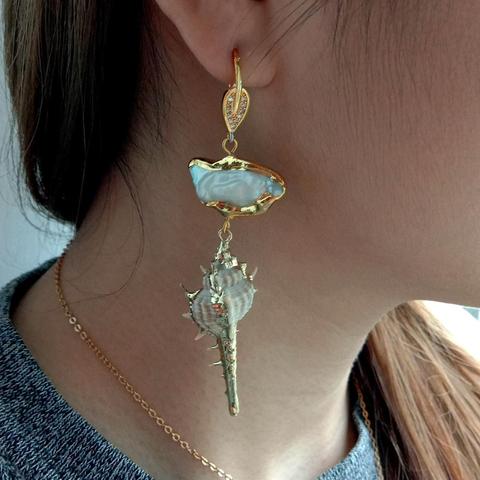 Yellow gold color Plated White Biwa Pearl Sea Snail shell drop dangle Earrings punk style for women ► Photo 1/6
