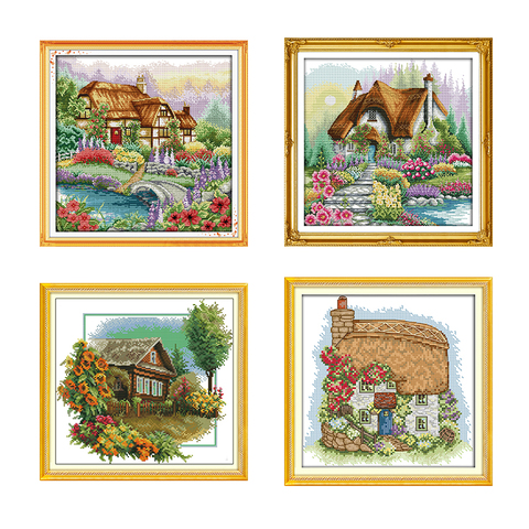 Cross stitch kit with pattern flowers and house garden villa 11CT and 14CT printed cloth embroidery kit home decoration painting ► Photo 1/6