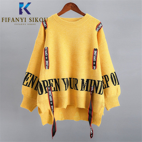 Stretch Knitted Sweater Women Streetwear Fashion Ribbon Letter Pullovers O-Neck Long Sleeve Jumpers Tops Warm Sweaters 2022 New ► Photo 1/6