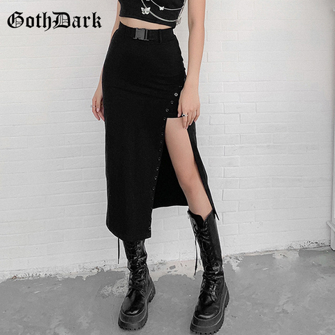 Goth Dark Gothic High Waist A-Line Black Midi Skirts Mall Goth Y2k Punk Style Women Sexy Slit Side Buckle Front Skirt Clubwear ► Photo 1/6