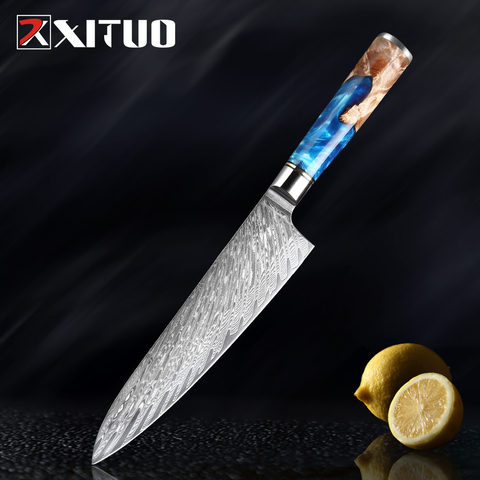 XITUO Damascus Steel Japanese VG10 Chef Knife Paring Fruit Vegetable Kitchen knife Blue Resin Color Wood Handle Cooking Tool ► Photo 1/6