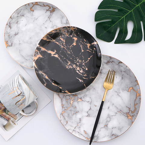 European Style Marble Plates Ceramic Dinner Set Gold Inlay Porcelain Dessert Plate Steak Salad Snack Cake Plates Tableware ► Photo 1/5