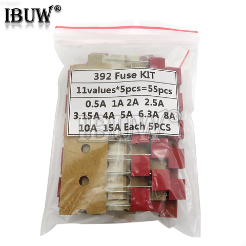 55PCS/Set Square Plastic Fuse Assortment Kit 392 0.5A 1A 2A 2.5A 3.15A 4A 5A 6.3A 8A 10A 15A 250V Fuses Slow Blow Tube Fuse set ► Photo 1/2