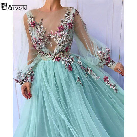Turquoise Illusion Long Sleeves Evening Dresses 2022 Robe De Soiree Formal Prom Dress 3D Flowers Tulle A-Line Evening Gowns ► Photo 1/6