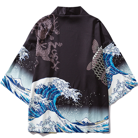 Black Kimono Cardigan Women Men Japanese Obi Male Yukata Men's Haori Japanese Wave Carp Print Coat Traditional Japan Clothing ► Photo 1/6