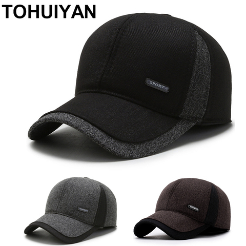 TOHUIYAN Classic Woolen Baseball Caps Men Warm Hat Autumn Winter Earflaps Cap Outdoor Windproof Dad Hats Male Casquette Snapback ► Photo 1/6