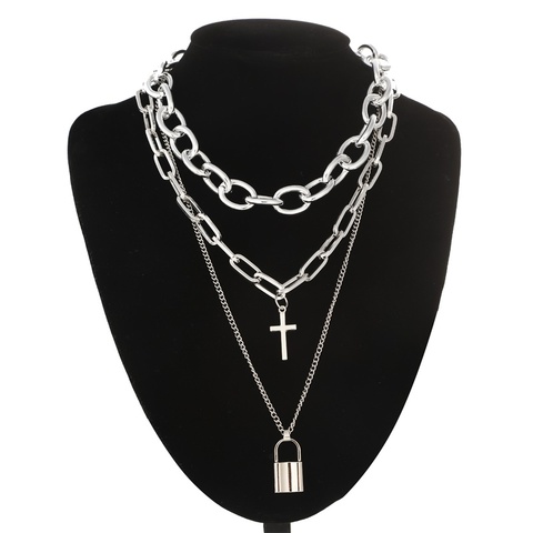 Layered grunge aesthetic jewelry vintage  punk chain necklace  lock cross pendant necklace women choker  chains goth accessory ► Photo 1/5