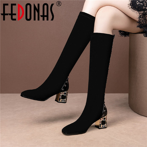 FEDONAS Rhinestone Tight High Boots Suede Leather Round Toe High Heels Shoes Woman Winter Office Lady Night Club Knee High Boots ► Photo 1/6