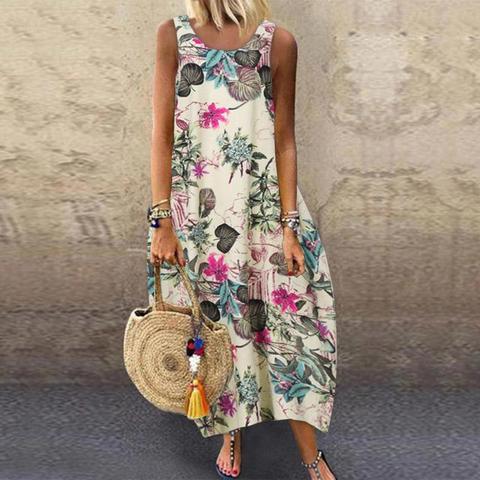 Women Dresses Vintage Sleeveless O Neck Leaves Floral Print Cotton Linen Long Baggy Dress женское платье vestido de mujer 2022 ► Photo 1/6