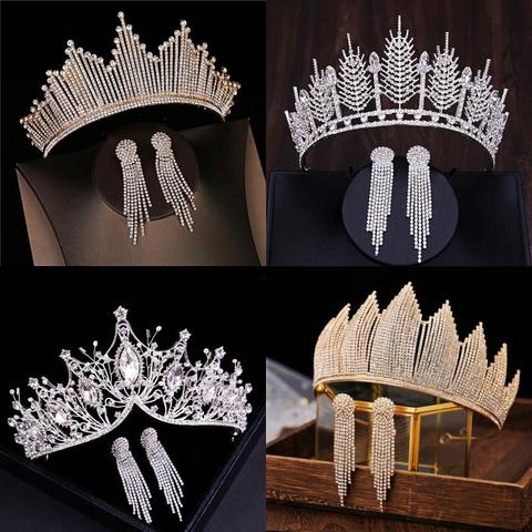 Baroque Luxury Silver Color Crystal Bridal Tiaras Crown With Earrings Rhinestone Pageant Diadem Wedding Hair Accessories Bijoux ► Photo 1/6