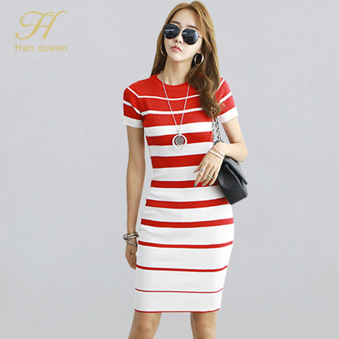 H Han Queen New Autumn Women Vintage Stripe Knitted Dresses Office Bodycon Pencil Sheath Dress Elegant Simple Bottoming Vestidos ► Photo 1/6