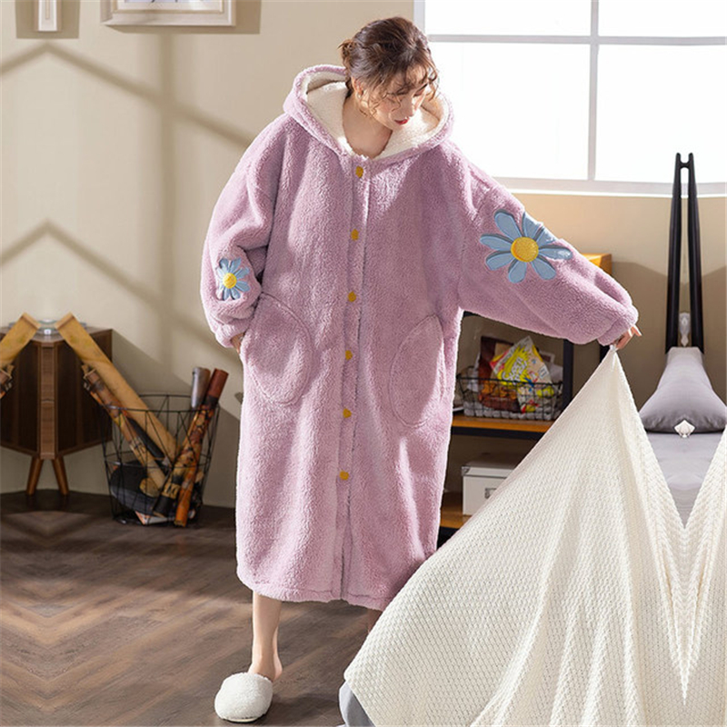 Winter Cute Warm Bathrobes Women Cartoon Bear Rabbit Knee-Length Bath Robe  Dressing Plus Size Soft Gown Bridesmaid Robes Female 