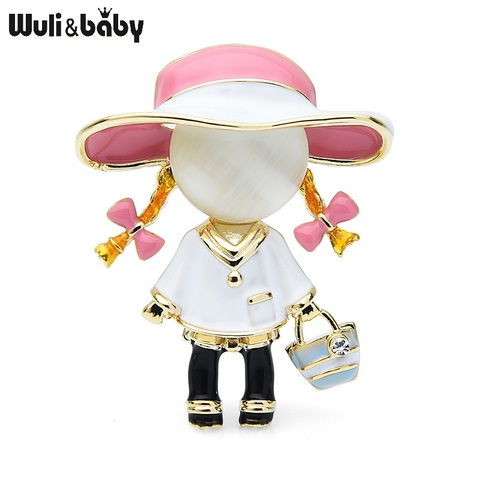 Wuli&baby Enamel Opal Carry Bag Girl Brooches Women Alloy 2-color Wearing Hat Girl Figure Office Casual Brooch Pins Gifts ► Photo 1/6