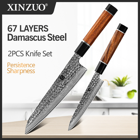 XINZUO 2PCS Chef Knife Set Damascus Steel Nakiri Utility Knife Meat Utility Knives Cutter North America Desert Ironwood Handle ► Photo 1/1