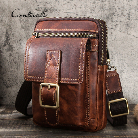 CONTACT'S 100% Vegetable Cow Leather Men Crossbody Bag Vintage Shoulder Bag for Male Multifunctional Phone Bags Quality Bolsa ► Photo 1/6