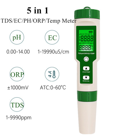 5 in 1 PH/TDS/EC/ORP/Temperature Meter PH Meter Digital Water Quality Monitor Tester for Pools Drinking Water Aquariums 40% off ► Photo 1/1