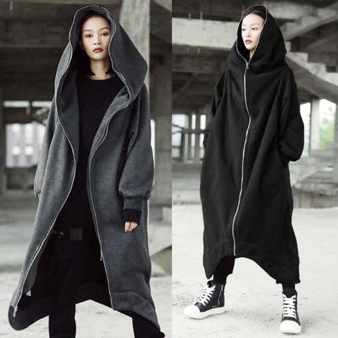 M-5XL ladies autumn and winter solid color personality street zipper hooded long plus velvet sweater coat ► Photo 1/6