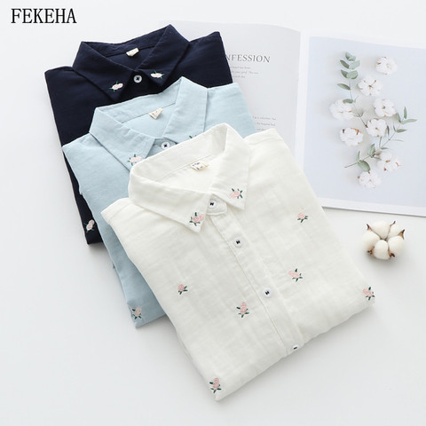 Floral Embroidery Women Office Shirts Autumn White Blouses Casual Ladies Tops Female Blusas Camisa Double Cotton Yarns Clothes ► Photo 1/5