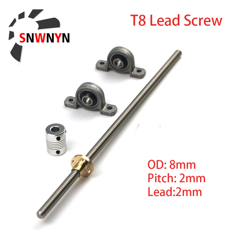 T8 Lead Screw Set Lead 2mm 300 500 1000 1200mm With Nut+KP08 Vertical Bearing Bracket+D19L25 5*8 Mm Coupling For 3D Printer Part ► Photo 1/6