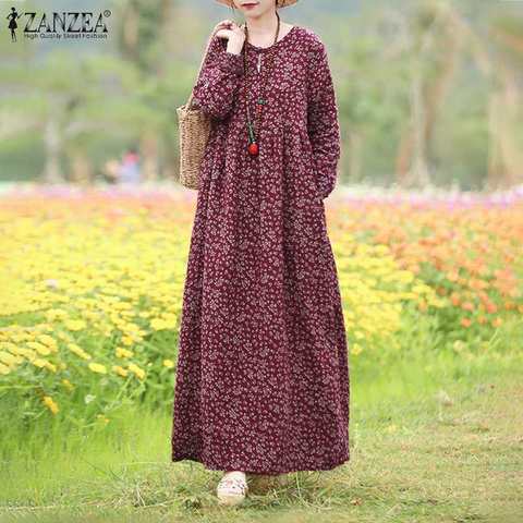 Vintage Women's Printed Dress 2022 ZANZEA Spring Sundress Casual Long Sleeve Maxi Vestidos Female Floral Hollow Robe Oversized ► Photo 1/6