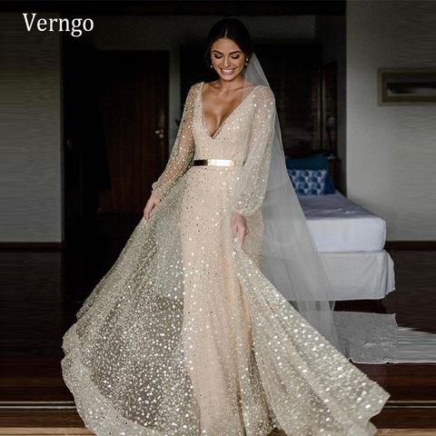 Verngo Champagne Glitter Two Pieces Wedding Dresses With Deatachable Coat Gold Sash 2022 Puff Long Sleeves V Neck Bride Gowns ► Photo 1/1