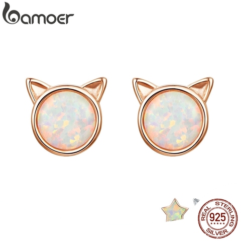 BAMOER New Arrival 925 Sterling Silver Cute Cat Ears Big Stone Small Stud Earrings for Women Fashion Earrings Jewelry SCE538 ► Photo 1/5