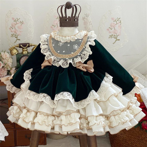 Baby Girl Autumn Winter Green Velvet Vintage Spanish Pompom Ball Princess Lolita Dress for Christmas Birthday ► Photo 1/5