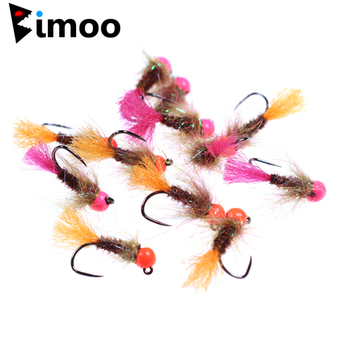 Bimoo 6PCS #14 Barbless Jig Hook Tungsten Bead Head Nymph Jig Fly Euro Nymphs Pink Orange Trout Fishing Bait Hook Fast  Sinking ► Photo 1/6