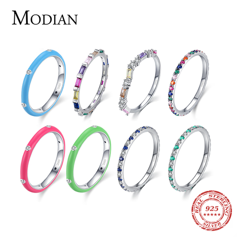 Modian 2022 Real 925 Sterling Silver Rainbow CZ Simple Fashion Finger Ring Stackable Enamel Rings For Women Brand Fine Jewelry ► Photo 1/6
