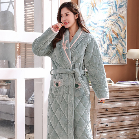 Winter Coral Velvet 3Layers Quilted Bathrobe Women Pajamas Womens Nightgowns Flannel Warm Robe Sleepwear Plus Size Womens Robes ► Photo 1/6