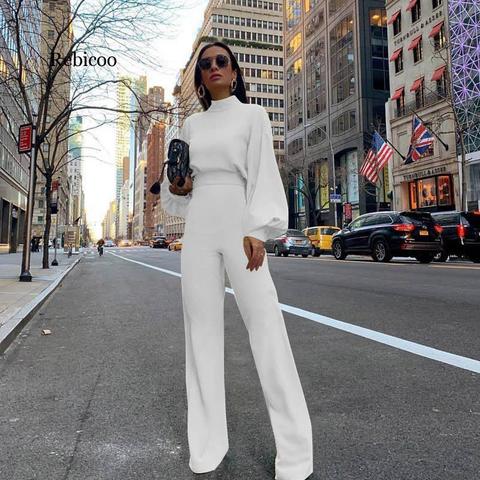 Women Autumn Elegant Fashion Slim Fit Solid Skinny Casual Overalls Office Look Work Lantern Sleeve Mock Neck Jumpsuits ► Photo 1/6