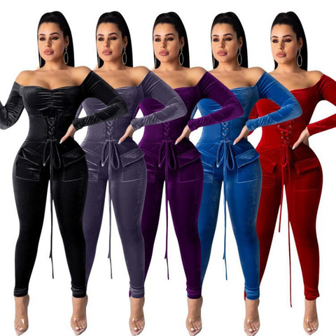 New Winter Women Velvet Jumpsuits Slash Neck Full Sleeve Sexy Rompers Night Club Party Outfits Casual Bandage One Piece SJ3297 ► Photo 1/6