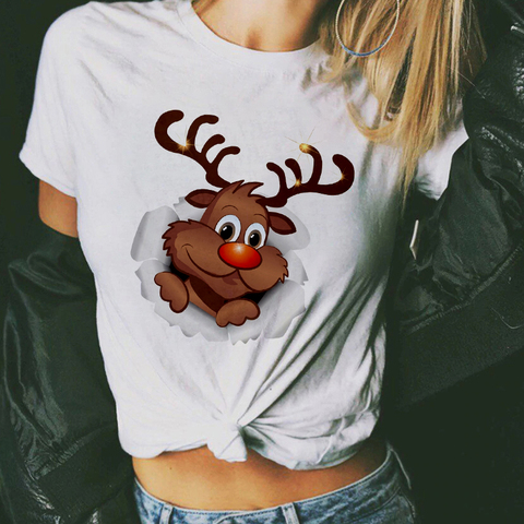 New cute reindeer t shirt women fashion Christmas Harajuku Short Sleeve t-shirt White Suitable all seasons Tshirt Tops clothing ► Photo 1/6