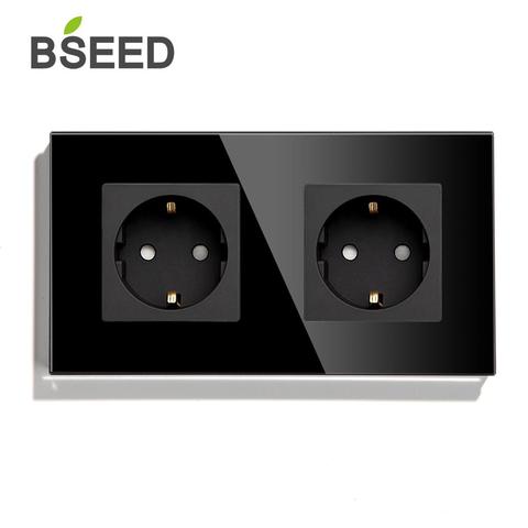 BSEED EU Standard Wall Sockets Single Power Outlets Black Double Frame Sockets Glass Panel Triple Sockets Kids Protection 16A ► Photo 1/6