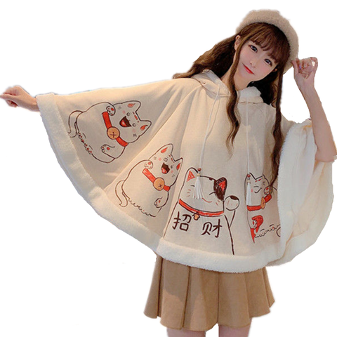 2022 Autumn Winter Cloak Harajuku Kawaii Ears Hooded Outwear Japanese Lucky Cat Fleece Cape Loose Pullover Batwing Sleeve Top ► Photo 1/6