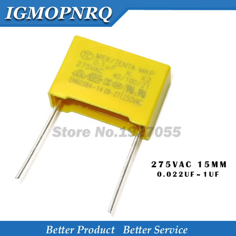 10pcs X2 Safety capacitor 15mm 275VAC 275V 0.022UF 0.047UF 0.1UF 0.15UF 0.22UF 0.33UF 0.47UF 0.68UF 1UF Polypropylene film ► Photo 1/4