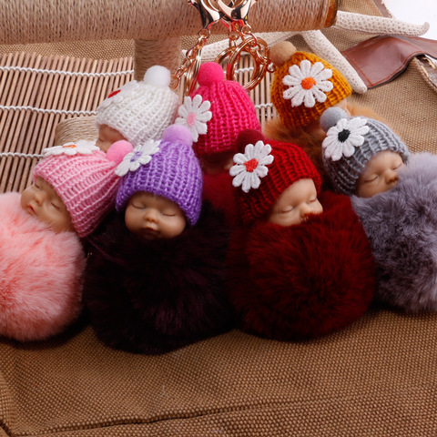 Baby Doll Toy DropshipCute Sleeping Baby Doll Key Chains For Women Bag Toy Key Ring Fluffy Pom pom Faux Fur Plush Keychains ► Photo 1/6