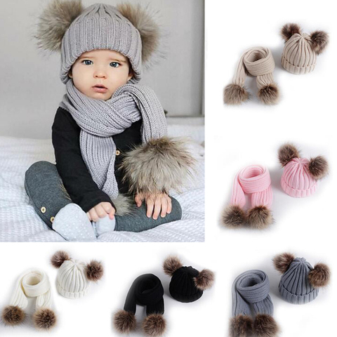 2Pcs Winter New Thick Warm Baby Hat Scarf for Boy Girl Set Cute Double Pompom Kids Children Beanie Scarves for Boys Girls ► Photo 1/6