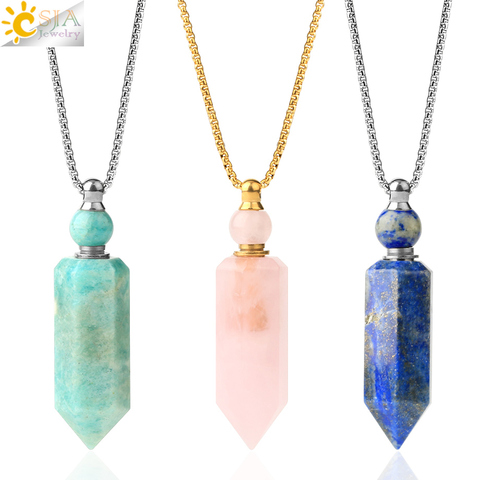 CSJA Hexagon Pillar Perfume Bottle Necklaces Natural Crystal Stone Essential Oil Diffuser Pendant Women Men Healing Jewelry G619 ► Photo 1/6