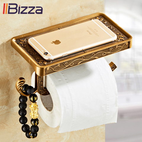 Antique Vintage Bronze Carving Bathroom With Phone Shelf Towel Roll Tissue Aluminum Rack Toilet Paper Holder Creative Wall Boxes ► Photo 1/6