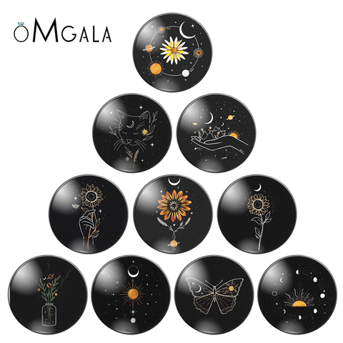 Black Color Flower Butterfly Cat Sun Star Planet Round photo glass cabochon demo flat back Making findings 12mm/18mm/20mm/25mm ► Photo 1/6