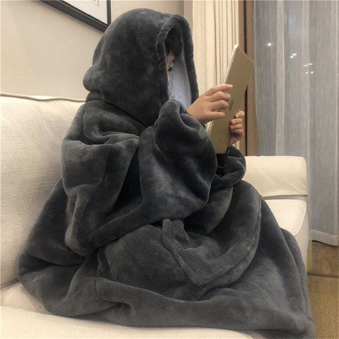 Warm Thick TV Pocket Hooded Blanket Winter Sofa Weighted Blankets Flannel Coral Fleece Unisex Giant Pocket for Beds Travel Home ► Photo 1/6