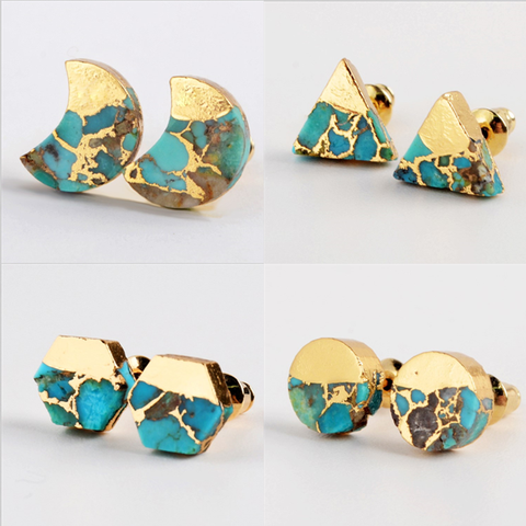 1Pair Gold Color Turquoises Moon Studs Earrings Triangle Round Natural Stone Veins Earrings for Women Korean Earrings G1989 ► Photo 1/6