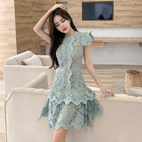 Runway Self Portrait Lace Dress Women's Sleeveless Butterfly O Neck Irregular Hollow Out Water Soluble Crochet Flower Dress ► Photo 1/6