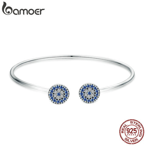 BAMOER 2022 New 100% 925 Sterling Silver Lucky Blue Eyes Blue CZ Women Open Cuff Bangle & Bracelet Luxury Silver Jewelry SCB058 ► Photo 1/6