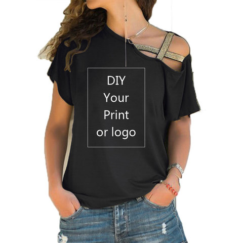 Customized Print T Shirt for Women DIY Your like Photo or Logo Top T-shirt Femme Irregular Skew Cross Bandage Size S-5XL Tees ► Photo 1/6