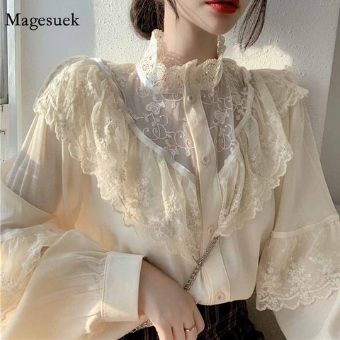 Fashion Ruffled Autumn Lace Up Women Blouses Stand Collar Ladies Tops Vintage Lace Shirts Korean Sweet Loose Clothes Women 11335 ► Photo 1/6
